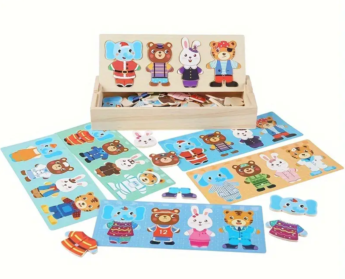 Wooden Cartoon Dress-Up Puzzle – Fun & Educational Animal Matching Game