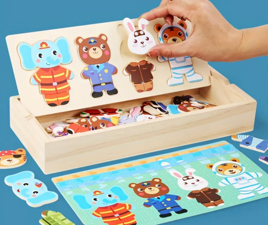Wooden Cartoon Dress-Up Puzzle – Fun & Educational Animal Matching Game